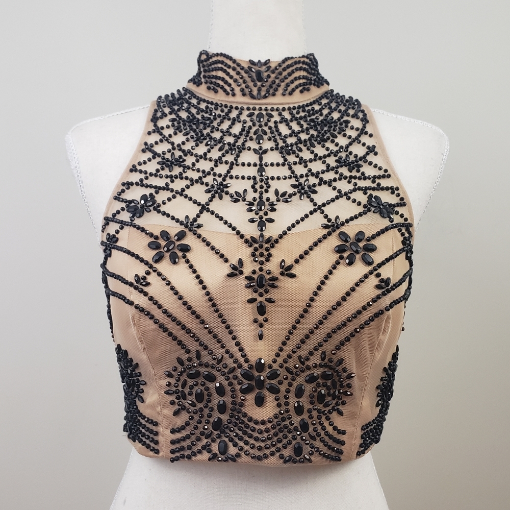 Xscape Black Nude Crystal Beaded Mesh Crop Top